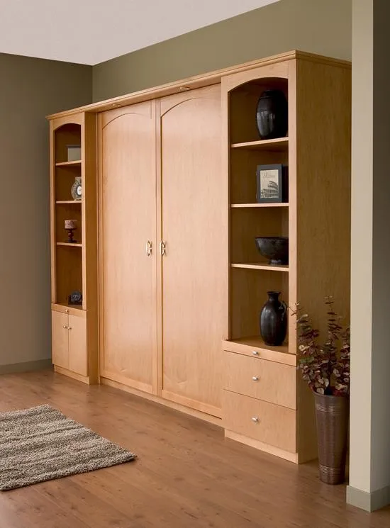 A stylish wooden cabinet with built-in shelves and drawers, featuring decorative vases and books, designed by PremierGarage in San Mateo.